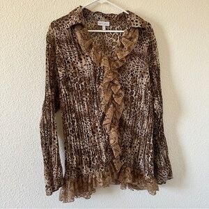 Fashion Bug Lace Ruffle Cheetah Sheer Button Up top Women’s 18/20W Dressy Party